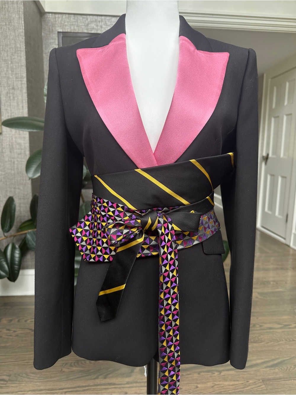 Upcycled Silk Necktie Obi Belt | One-of-a-Kind | OS | Black and Gold Pattern